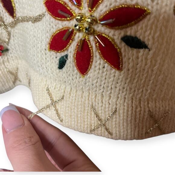 Vintage In Resource Cream Poinsettia Beaded Holiday Cardigan Sweater Sz Medium - Picture 4 of 10